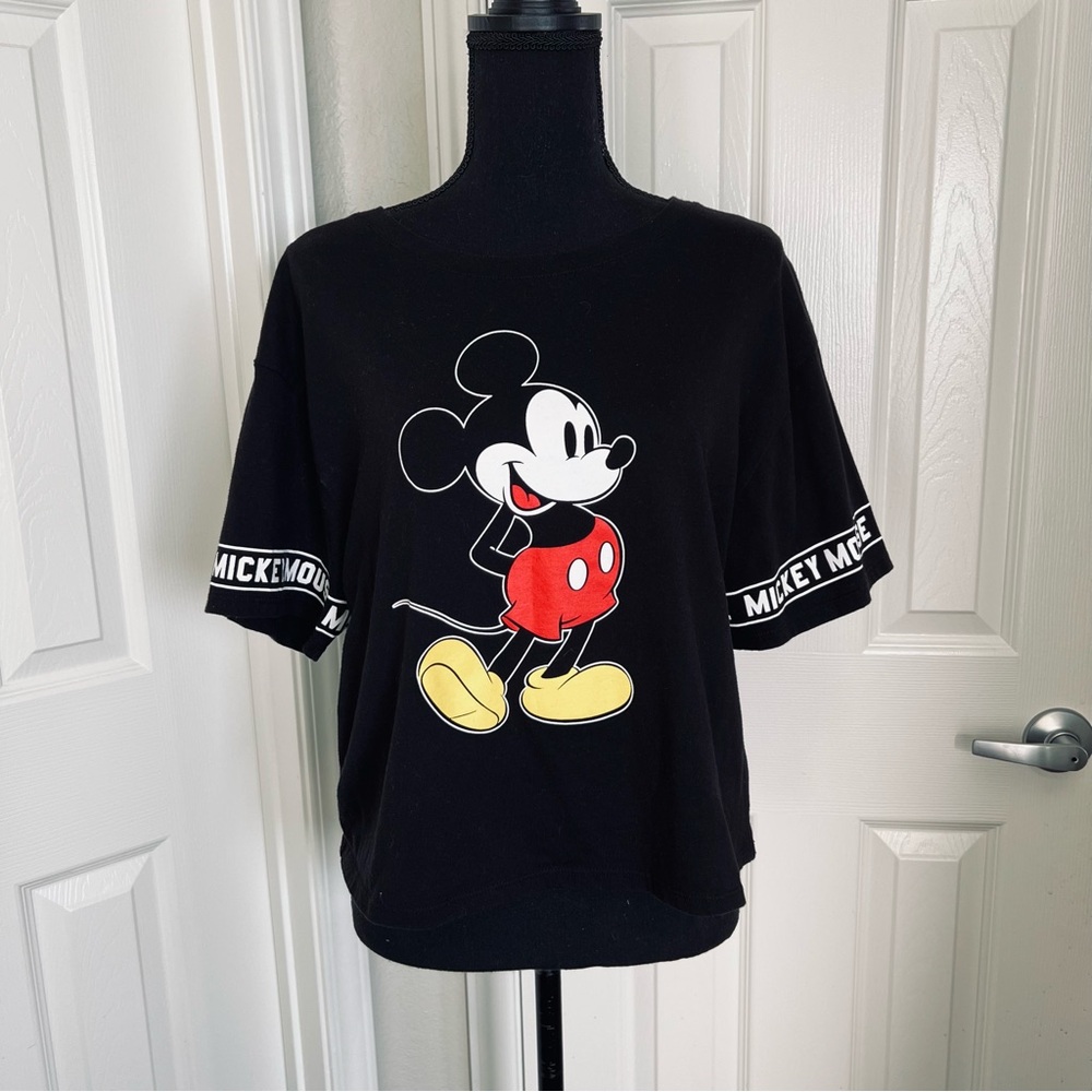📣 Disney Mickey Mouse Black Crop Top Crewneck T-Shirt Tee Size XL